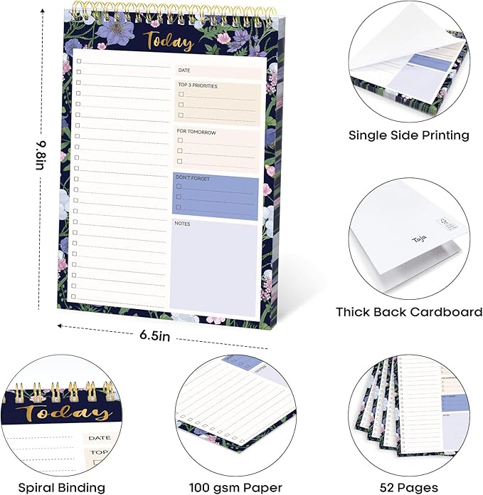 Taja To Do List Notepad - To Do List Notebook for Work with 52 Sheets, 9.8" x 6.5", Undated Daily Planner Perfect for Daily Tasks and Goal Setting, Notepad Suitable for Office, Home & School - Blue Meadow