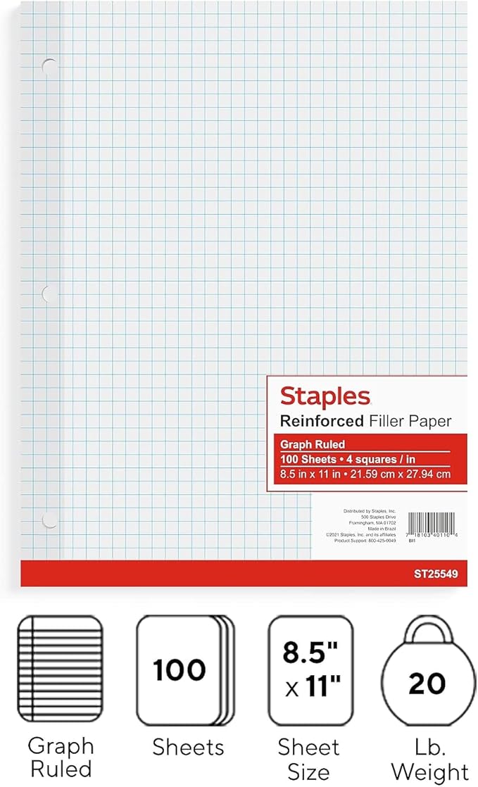 STAPLES Graph Ruled Filler Paper, 8.5” x 11”, White, 3‑Pack