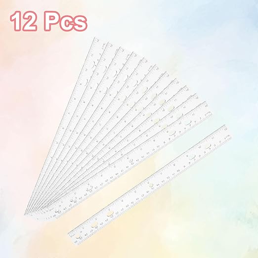 HARFINGTON 12pcs Plastic Rulers 12" (30cm) Clear Straight Ruler Measuring Tool Inches and Centimeters with Hole for Home Office Classrooms Drafting, Clear White