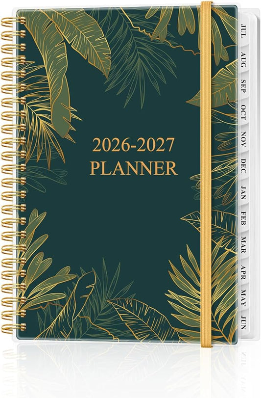 Planner 2026-2027 - Weekly & Monthly Planner from July 2026 to June 2027, Agenda 2026 2027 with Inner Pocket, Elastic Band, 6.4" x 8.5", Green Glod Leaf