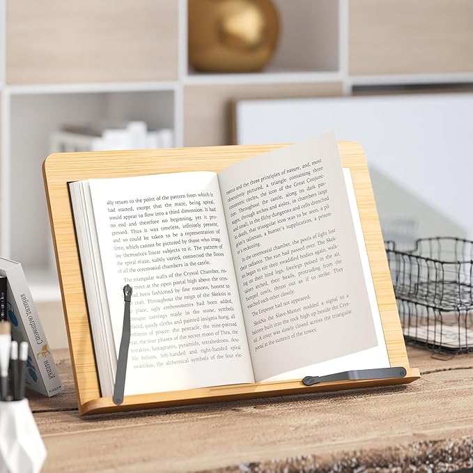 Bamboo Book Stand, Adjustable Reading Holder with Page Clips, Portable Lightweight Desk Stand for Textbooks, Cookbooks (Medium)