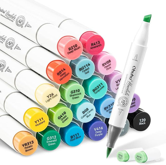 Ohuhu Alcohol Markers Brush Tip, AP Certificated 24 Basic Colors Double Tipped Alcohol Based Art Marker Set for Artist Sketching Adult Coloring Illustration - Brush and Chisel Dual Tips - Honolulu