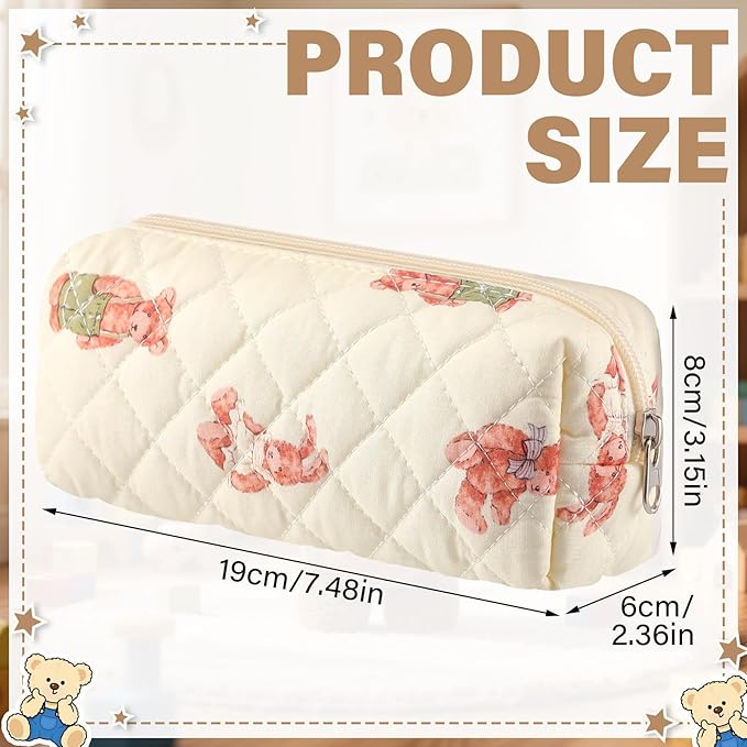 Sherr Bear Pencil Case Beige Cute Pencil Pouch Soft Cotton Quilted Storage Bag Aesthetic Pattern Gift Makeup Pouch Cosmetic Travel Bag for Women