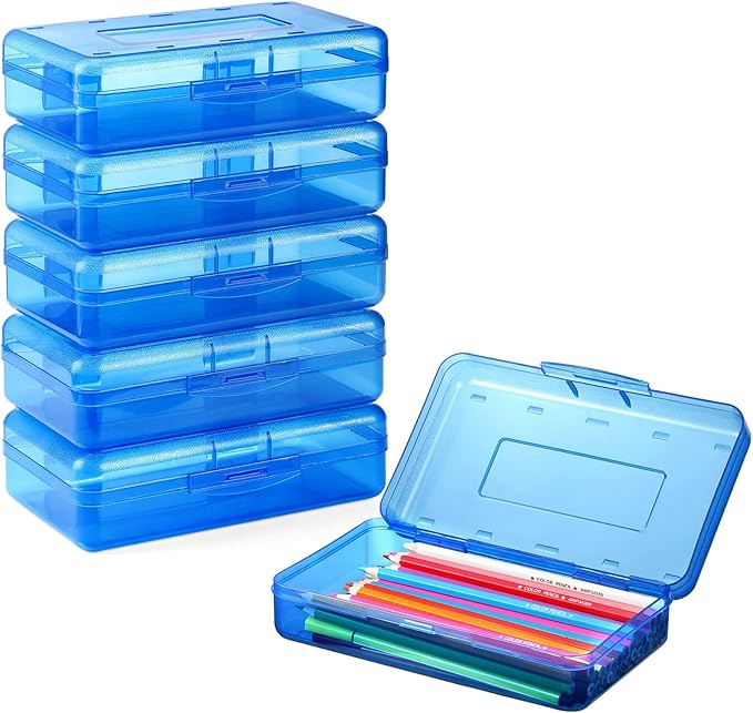 Sooez Clear Pencil Case 6 Pack – Plastic Pencil Box & Crayon Box Bulk, Large Storage Containers with Snap Lids | Stackable Marker Craft & Art Supply Storage Organizer, Pen Case for School Supplis,Blue