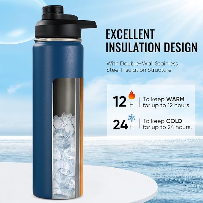 Fijinhom Insulated Water Bottle with Handle, 304 Stainless Steel Water Bottles with Wide Mouth, Double Wall Vacuum Sports Water Bottle, BPA Free, Keep Cold and Hot, 24 Ounces, Navy Blue
