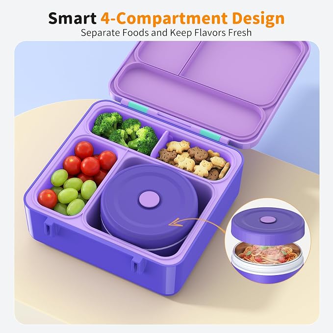 Bento Box for Kids, Lunch Box with Sticker for School | DIY Sticker Fun, Quick Lunch Packing, 4-Compartment Design, Insulated Food Jar, BPA-Free, Leak-Proof
