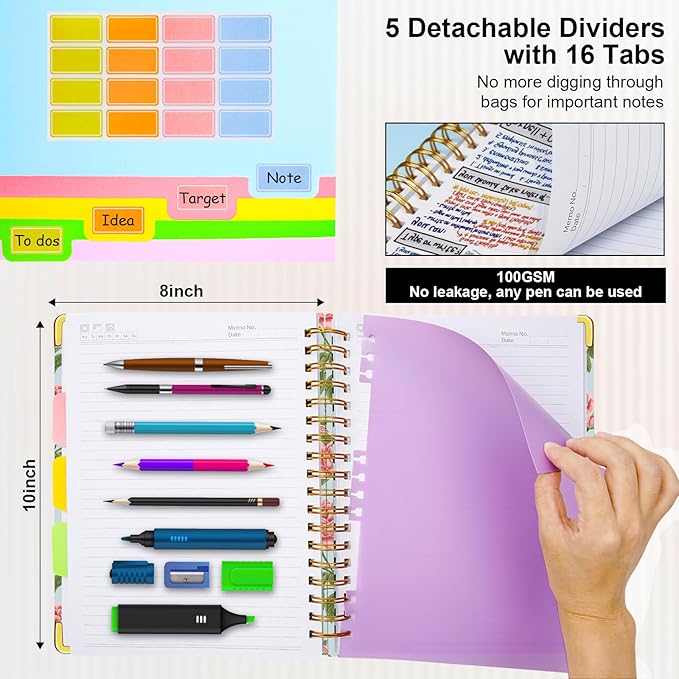 Spiral Journal Notebooks for Work, 300 Pages 5 Subject Notebook College Ruled with Dividers & Tabs, 8''x 10'' Large Notebook Journal for Women Students Note-Taking and Organizer (Blushing Rose)
