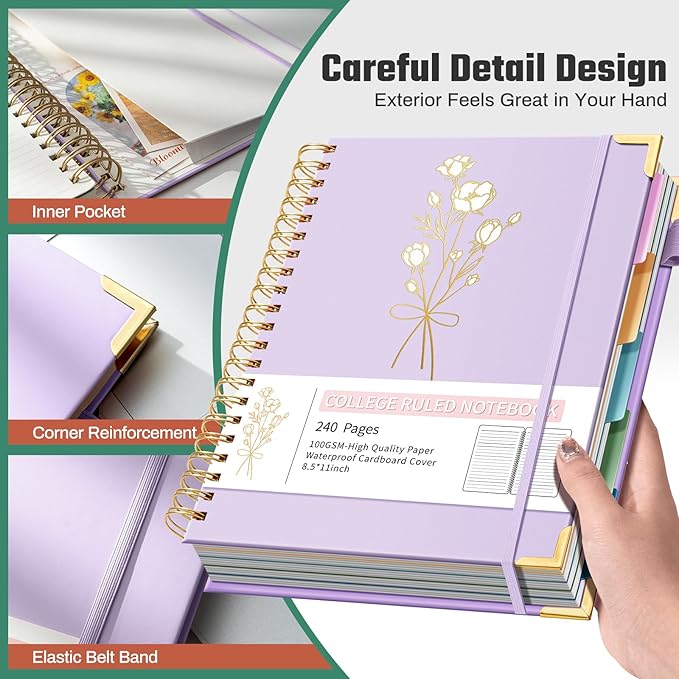 Hardcover Spiral Notebooks 8.5" X 11" Note Taking 5 Subject Notebook College Ruled with Dividers 240 Pages 100GSM Aesthetic Spiral Notebook for Work School Cute Journals for Women Writing