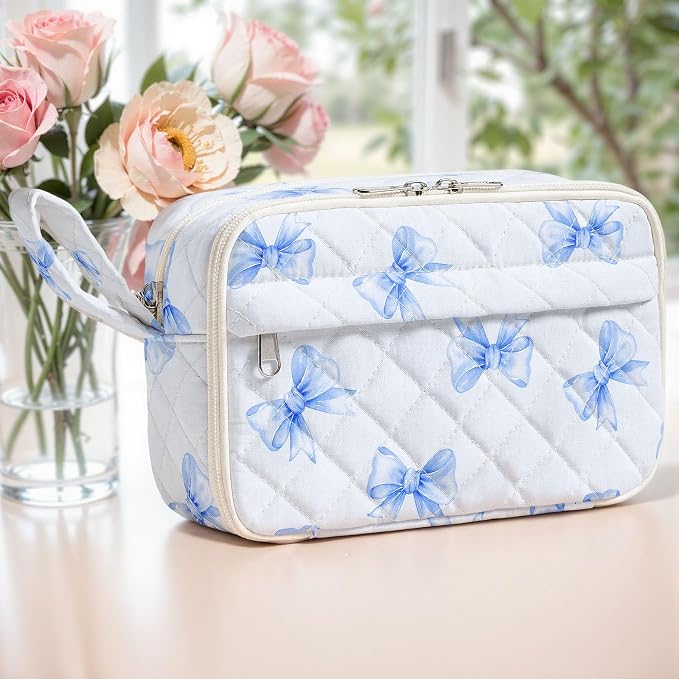 WOBAGMEN Quilted Pencil Pouch for Women, Large Capacity Pencil Case with Compartments, Cute Aesthetic Pencil Organizer, Floral Stationery Pouch（Blue Bow）