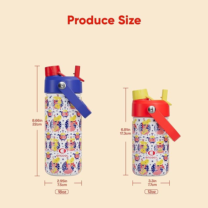 Kids Insualated Water Bottle with Straw,18oz Stainless Steel Water Bottle with Dual Spouts, Leak-Proof,BPA-Free,Double Wall Vacuum Keeps Cold for 24 Hours for Sports,Travel,School (White Hippo Parade)