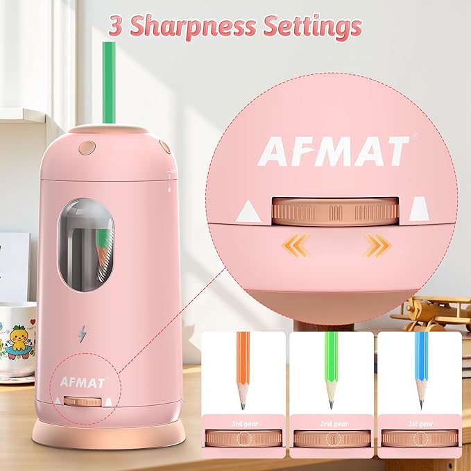AFMAT Electric Pencil Sharpener, Auto in & Out, Fully Automatic Pencil Sharpener, Rechargeable Hands-Free Sharpeners for Jumbo & Colored Pencils (7-11.5mm), Good for Classroom/Home PSC8(Light Pink)
