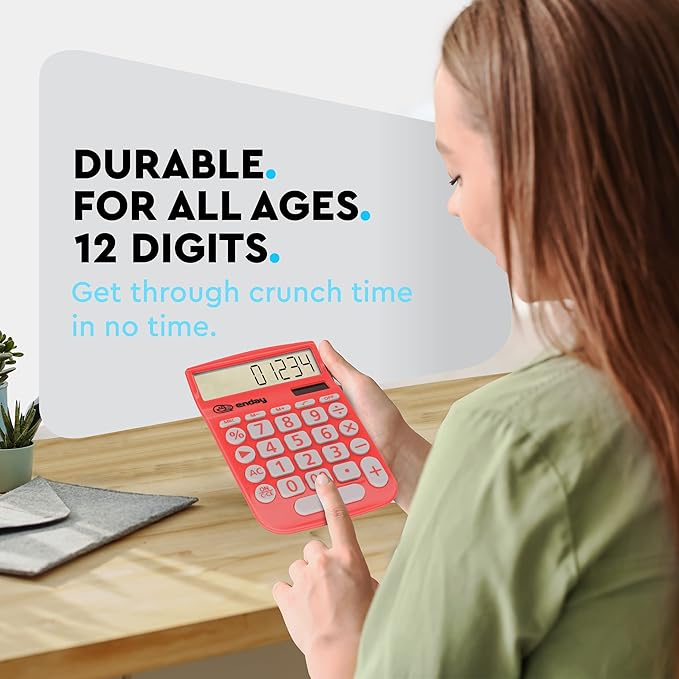 Enday Solar Powered Large Display 12 Digit Red Basic Calculator - Perfect for Office & School