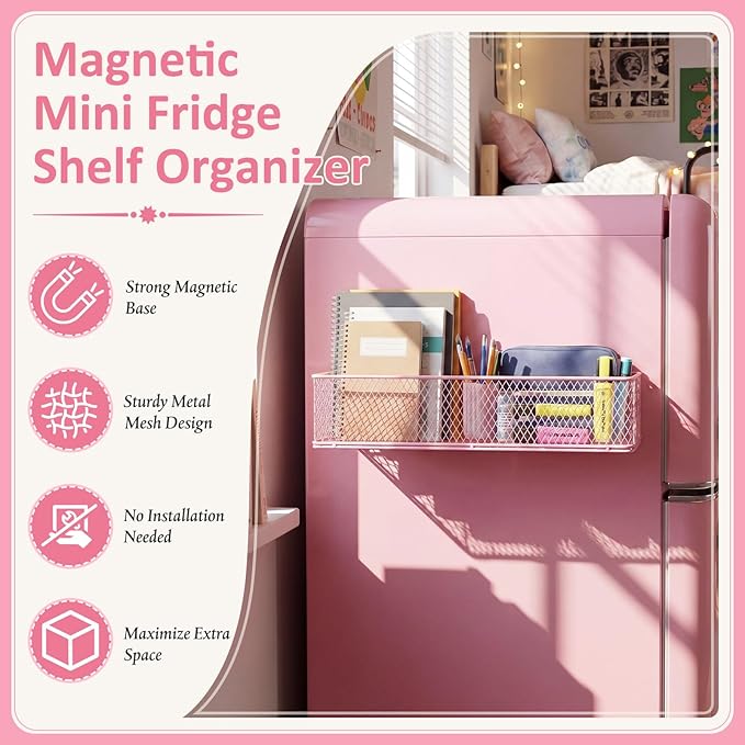 FoldTier 1 Pack Pink Magnetic Basket Fridge Organizer, Magnetic Shelf Containers Storage Bin Holder for Kitchen Dorm Locker Refrigerator Classroom Whiteboard Office Table (13.8 x 3.1 x 4.9 Inch)