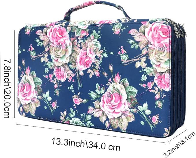 Vomgomfom 300 Slots Marker Bag, 4-Layer Zipper Portable Art Supply Organizer, PU Leather Large Capacity Marker Case Holds 100 Markers or 300 Colored Pencils with Handle (Blue Rose)