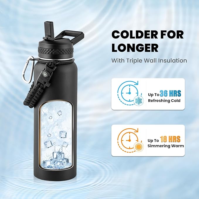 RAYMYLO Insulated Water Bottle 40 oz, Triple Wall Vacuum Stainless Steel (Cold for 36Hrs, Hot for 18Hrs), Leak Proof & Non-BPA, Modern Water Flask Jug with Paracord Handle & Straw Spout Lids