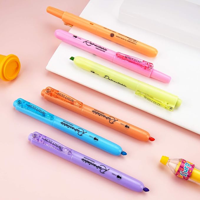 WRITECH Retractable Highlighters Assorted Colors: Chisel Tip 6ct Pastel Set | Aesthetic Pens Pack Multi Colored Ink No Bleed & Smear for Highlighting Journaling Drawing Coloring Note-taking Home Office