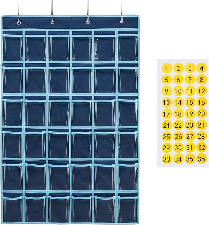 SAVERHO 36 Clear Pockets Classroom Pocket Chart for Cell Phone and Calculator Holder, Door Hanging Pocket Chart for Classroom Phone Holder with Number Sticker and Hooks (Blue)