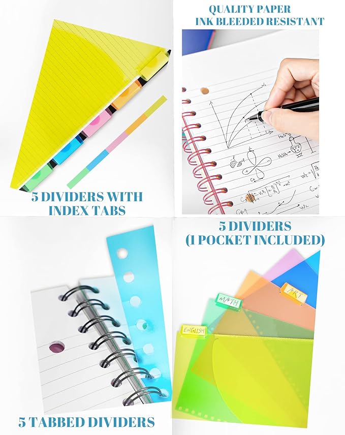 Spiral Notebook - 5 Subject Notebook, College Ruled Notebook 3-Hole Punched With Dividers, Storage Pockets, 11" Ruler, 100 Sheets of 200 Pages, for Writing Journal, Home &Office, School
