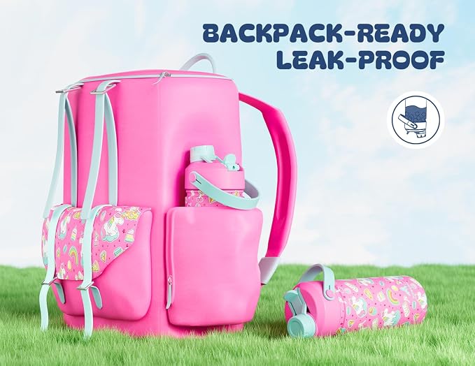POWCAN 2 Pack 18 oz Kids Insulated Water Bottle for School: Leakproof, 2-in-1 Straw Spout Lid, BPA-Free, Keep Cold 24 Hrs, Stainless Steel Cup for Sports, Travel, Gift for Girls Boys Daughters Sons