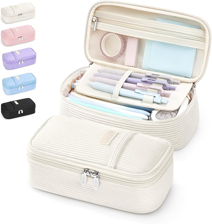 Sooez Cute Pencil Case, Soft Corduroy Pencil Pouch, Large Pen Pencil Bag | Zipper Pen Case, Aesthetic Pen Pouch, Colored Stationery Storage & Organizer, College School Supplies for Teen Girl, Beige