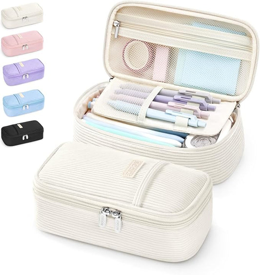 Sooez Cute Pencil Case, Soft Corduroy Pencil Pouch, Large Pen Pencil Bag | Zipper Pen Case, Aesthetic Pen Pouch, Colored Stationery Storage & Organizer, College School Supplies for Teen Girl, Beige