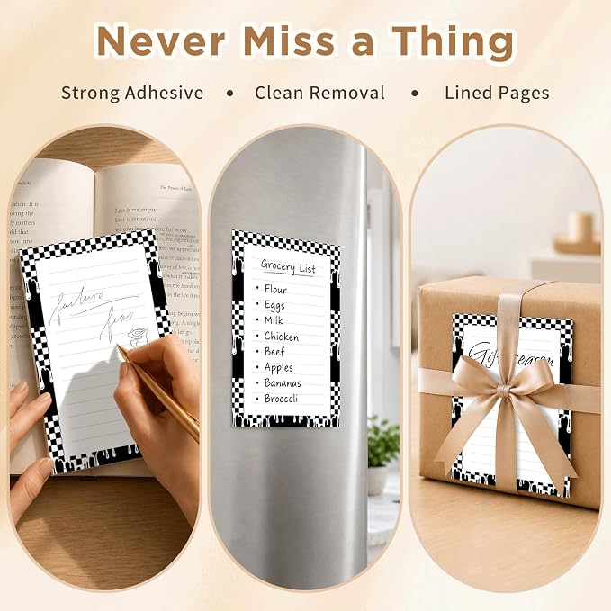 Lined Sticky Notes 4x6 in, 2 Pack Large Cute Notepads with Lines, Bright Post Memo Note Pads Big Rectangular Sticky Notes for Office Black White Checkerboard