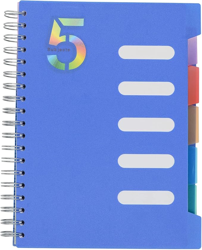 5 Subject Notebook, 1 Pcs Dark Blue 10 Inch x 7 Inch B5 Spiral Notebook With Waterproof Plastic Softcover, 300 Pages 80 Gsm College Ruled Papers With 5 Sheets Colorful Movable Dividers (Dark Blue)
