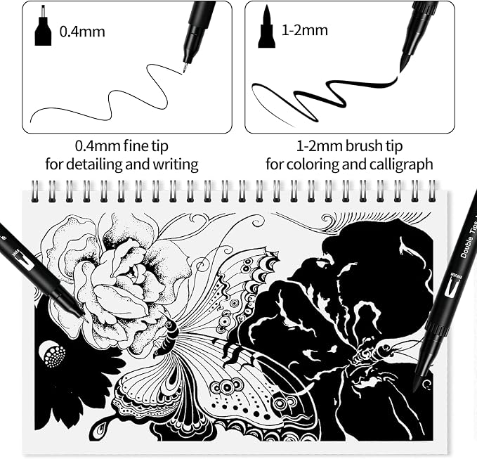 Surcotto Black Markers for Drawing,12 Pack Drawing Pens, Brush Pens with Felt Tips for Artists, Dual Tip Brush Fineliners Pens, Calligraphy Pens, for Art Drawing Sketching Journaling, Black