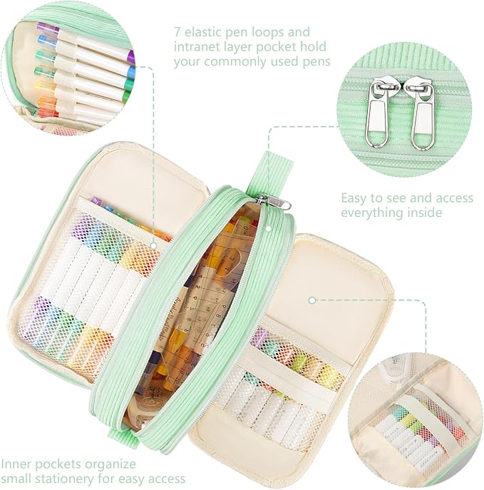 Corduroy Pencil Case, Large Capacity Pencil Pouch with 4 Compartments, Cute Soft Aesthetic Stationery Pen Bag Organizer with Zipper, Portable School Supplies for Teen and Adult Girls, Mint Green