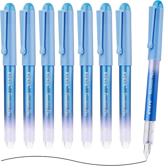 EYEYE Disposable Fountain Pens for Writing, Pack of 8 Black Fountain Pens Medium Point Stainless Steel Nib