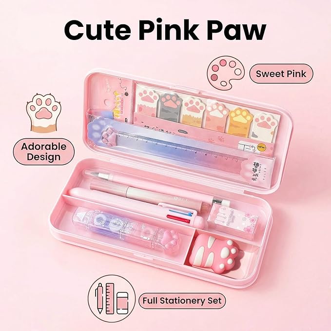 9+1 Pcs Pink Kawaii Stationery Set, Cute Cat Paw School Supplies, Japanese Style Office Student Best Gifts