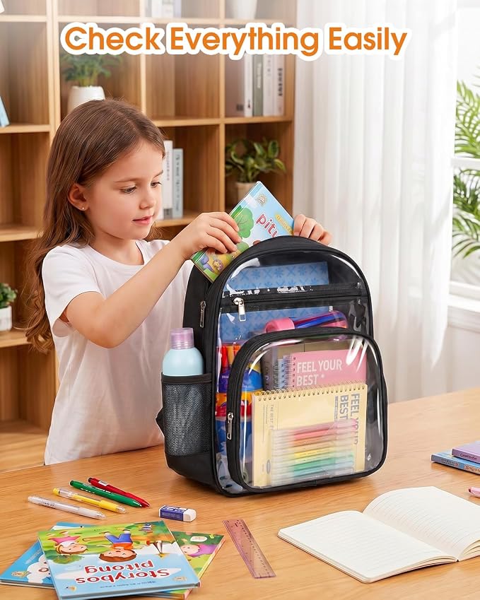 Soimeat Clear Backpack for Girls Boys - Kids Clear Bookbag - Fabric & PVC Transparent Backpacks for Elementary School, Black