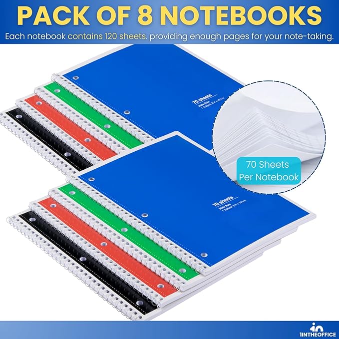 1InTheOffice Spiral Notebook Wide Ruled 8 x 11, 1-Subject College Ruled Notebooks, Wirebound Spiral Notebooks, Assorted Colors, 70 Sheets, (8 Pack)