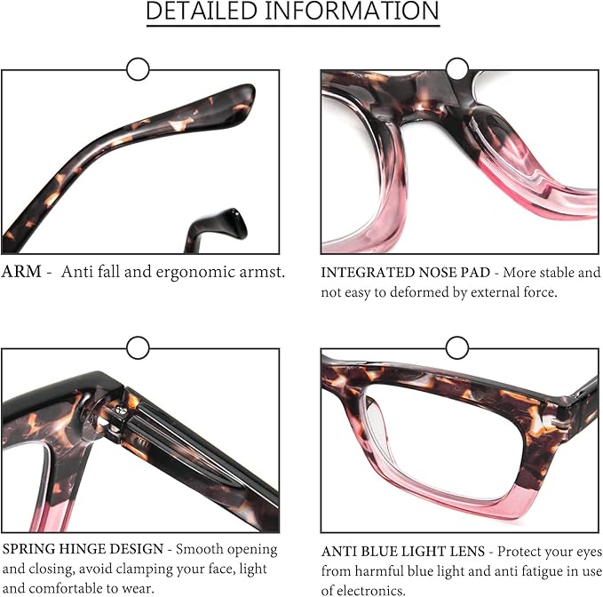 REAVEE 6 Pack Reading Glasses for Women Blue Light Blocking, Cute Square Computer Readers with Spring Hinge