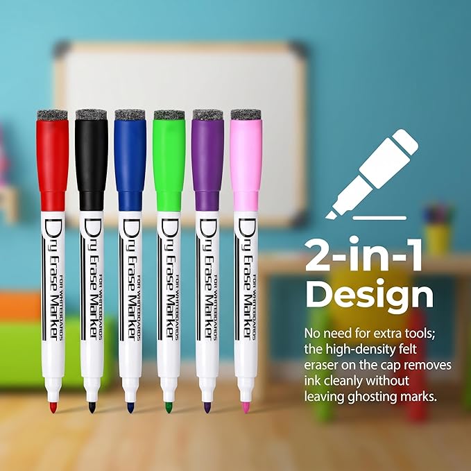 Volcanics Colored Magnetic Dry Erase Markers Fine Tip, Low Odor Whiteboard Markers with Eraser Cap, Dry Erase Pens for Calendar, Refrigerator, School, Office, Home, 6 Assorted Colors, Pack of 6