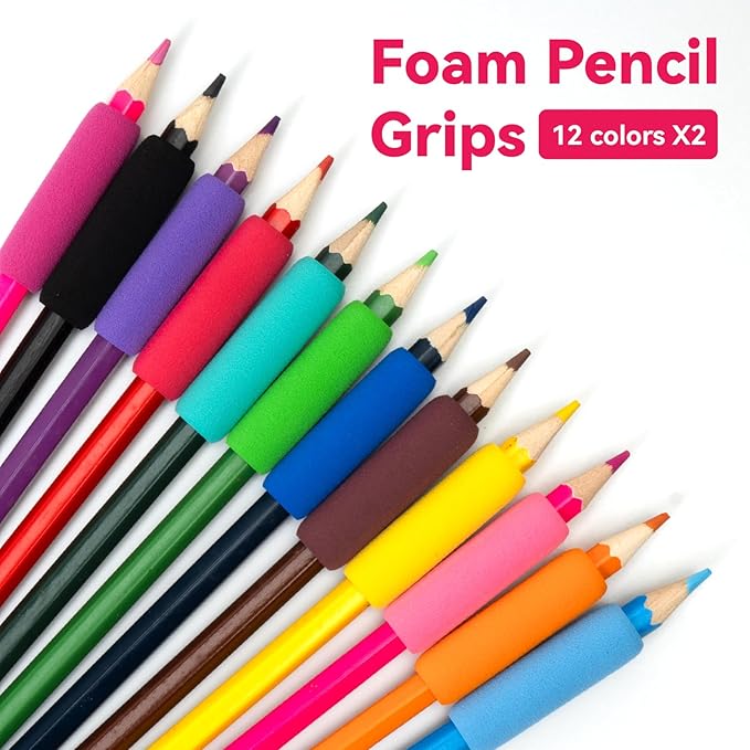 24 Pack Soft Foam Pencil Grips, 1.6" Long Ergonomic Pen Grips, 12 Assorted Colors, Cushioned Writing Aid for Kids & Adults, Comfortable Pencil Holder to Relieve Hand Fatigue, School & Office Supplies