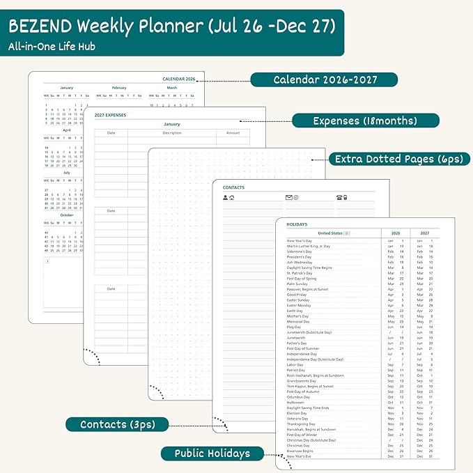 BEZEND Weekly Planner 2026-2027 (8.5" x 11") Horizontal Layout Notebook (Jul 26-Dec 27) 18 Months Academic Calendar & Monthly Tabs, Ideal for Students, Work & Home, PU Leather Hardcover -Blue