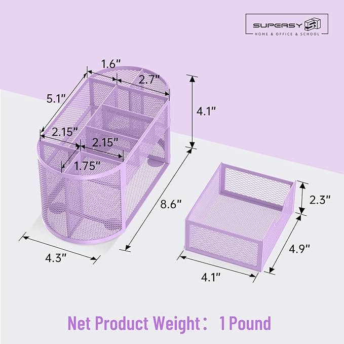 SUPEASY Mesh Desk Organizer, Desk Accessories & Workspace Organizers with Drawers, Pencil Holder for Desk with 9 Compartments for Office Suppliess, School, Classroom, 8.6 x 4.3 x 4.1 Inch, Purple
