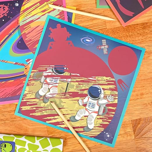 READY 2 LEARN Magic Scratch Paper - Space - 10 Vibrant Scenes - Scratch Art for Kids - Reveal Colorful, Outer Space Designs