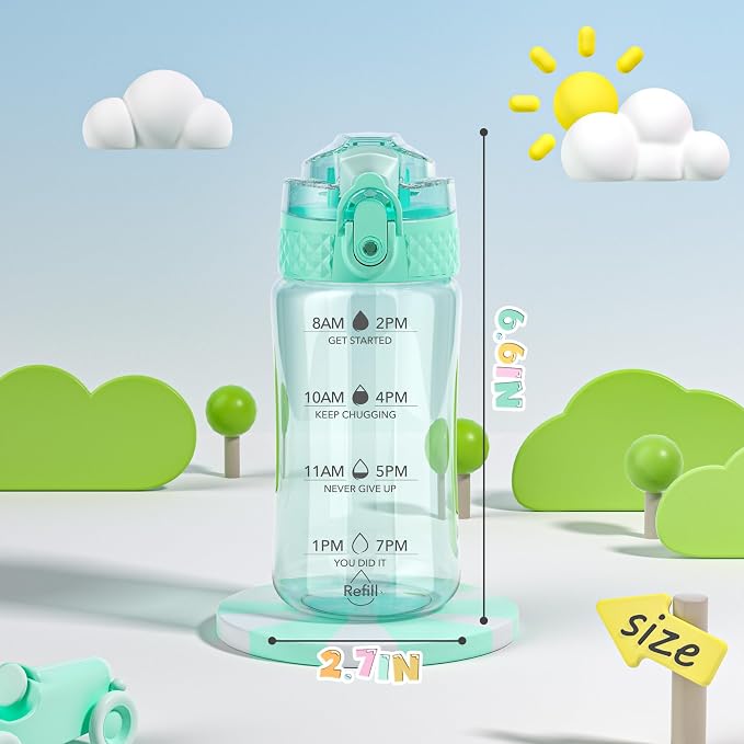 OLDLEY 12oz Kids Water Bottle, Tritan BPA-Free, Leakproof Flip Straw Lid, Motivational Time Marker, Carry Strap, Reusable Clear Water Bottle for Boys & Girls,Glow Green