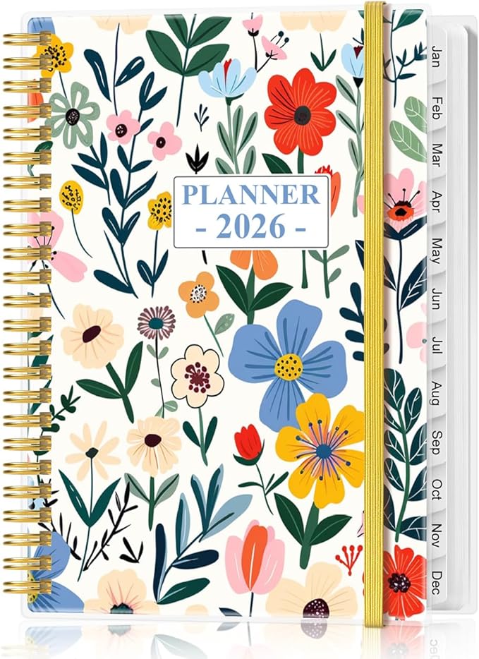 2026 Planner - Planner 2026 from January 2026 - December 2026, Weekly & Monthly Planner Spiral Bound with 12 Monthly Tabs, Inner Pocket, 6.4" x 8.5", Flower-B