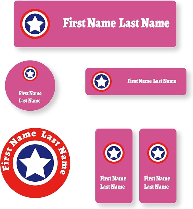 Personalized Kids Name Labels – Waterproof Custom Stickers for Daycare & School, Dishwasher & Laundry Safe (Captain - Pink)