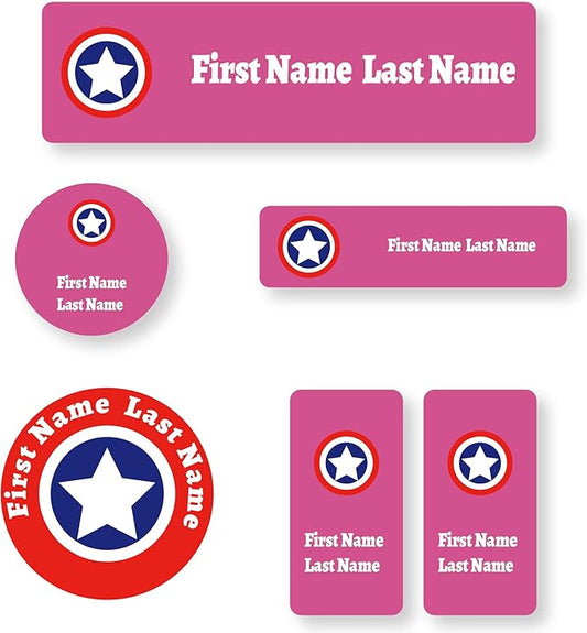 Personalized Kids Name Labels – Waterproof Custom Stickers for Daycare & School, Dishwasher & Laundry Safe (Captain - Pink)