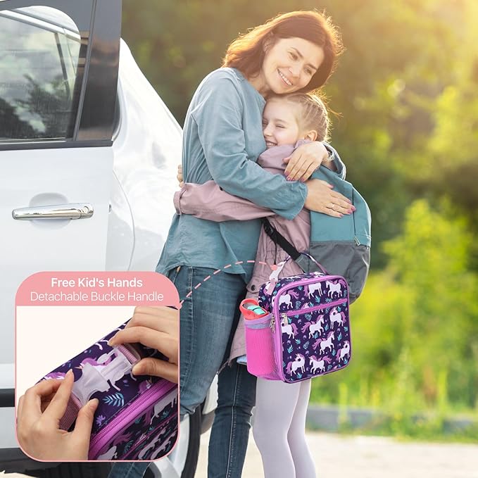 Bagseri Kids Lunch Box for Girls - Insulated Toddler Lunch Bag Fits Bento Box, Reusable Daycare Cooler Tote with Clip Handle, Water-Resistant Lining, Deep Purple Unicorn