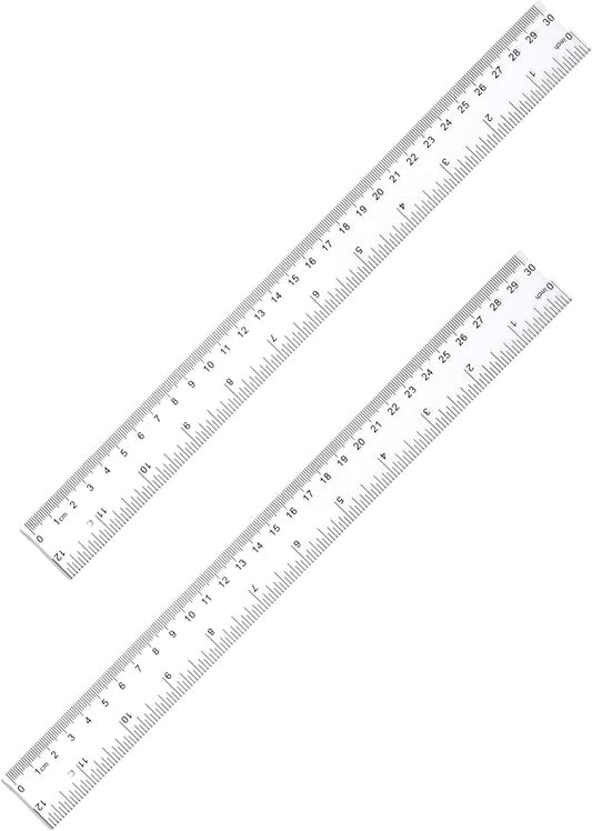 Ruler 12 Inch, 2 Pack Clear Plastic Rulers with Inches and Metric, Shatterproof Transparent Straight Edge for School Office, Easy-to-Read mm cm Markings