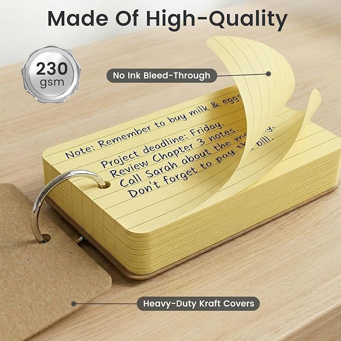 Koogel Index Cards 3x5 Inch with Ring, 300 Count, Colored Ruled Flash Cards for Studying, Heavyweight Lined Notecard for School Office Home Learning Memory Note Taking To Do List Supplies, 6 Colors