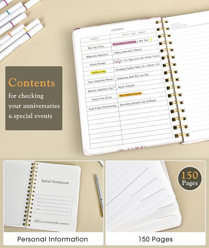 PAPEJOON Lined Spiral Journal Notebook for Women, A5 Cute Hardcover Spiral Journals for Writing, 150 Pages Pretty College Ruled Notebooks for Work & Note Taking, 5.75" x 8.38", Butterfly Bouquet