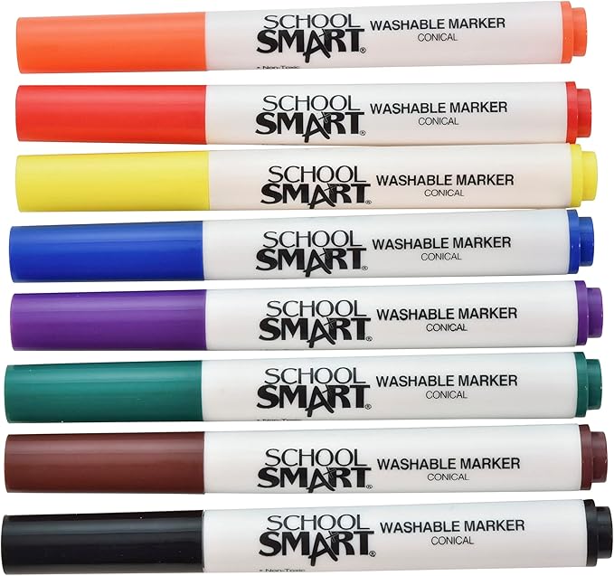 School Smart Conical Tip Washable Markers for School, Home, and More, Assorted Colors, Pack of 8