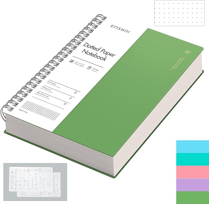 EMSHOI Dotted Journal Spiral Notebook, 300 Pages, A4 Large 8.27"x11.2", 100 GSM Thick Paper, Flexible Plastic Cover, 5mm Dot Grid Notebook for Journaling, Planning, Drawing, Writing, Green
