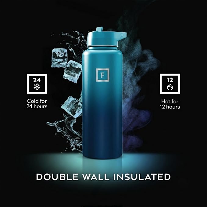 IRON °FLASK 40 oz Wide Mouth Water Bottle with Straw | Insulated Stainless Steel Sports Water Bottle with Leakproof Straw Lid - BPA Free, Cold 24 Hrs, Sweat Free (Dark Night)